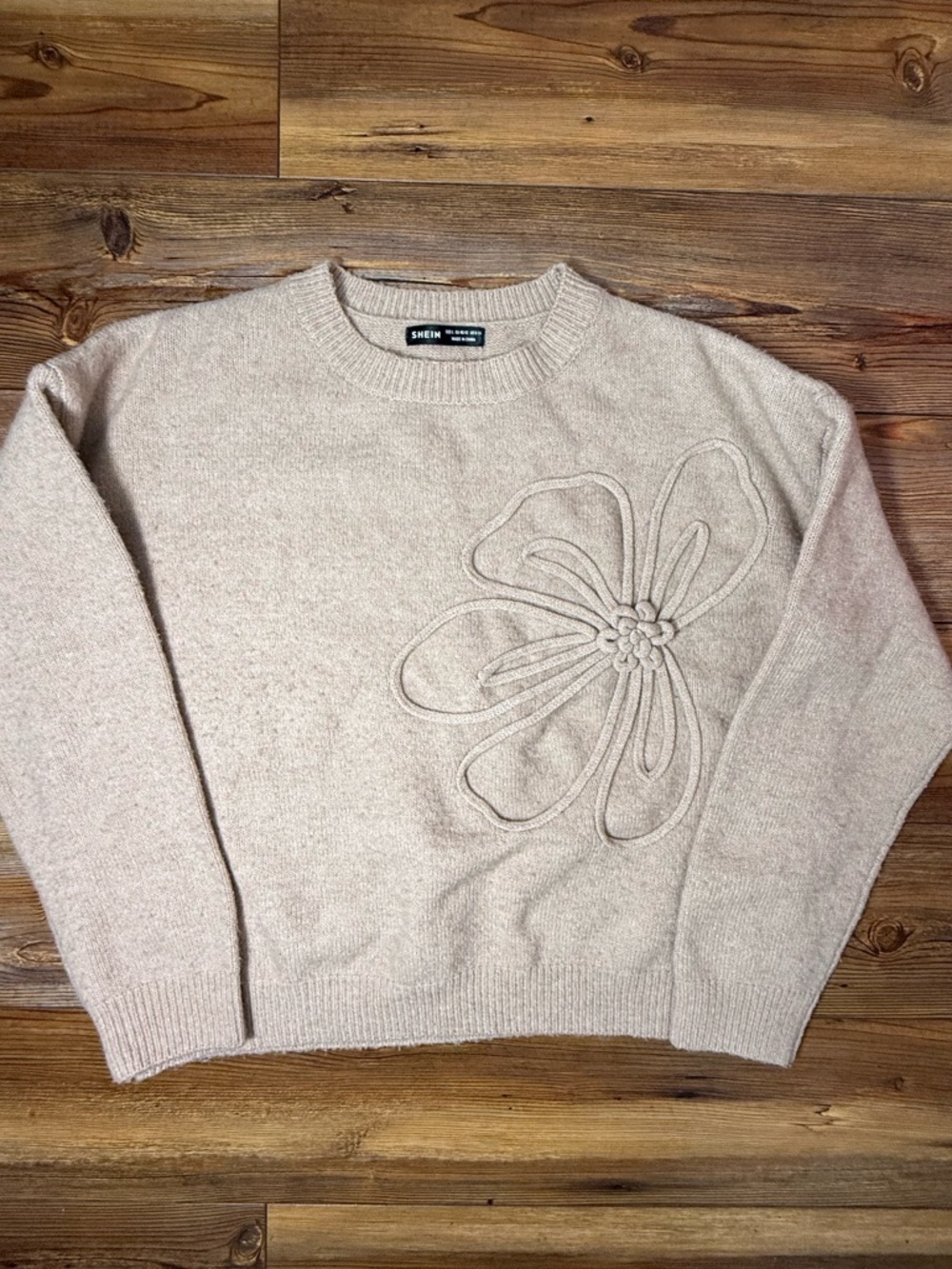 SHEIN Floral Embroidered Sweater Womens Large Beige Knit Crewneck Cozy